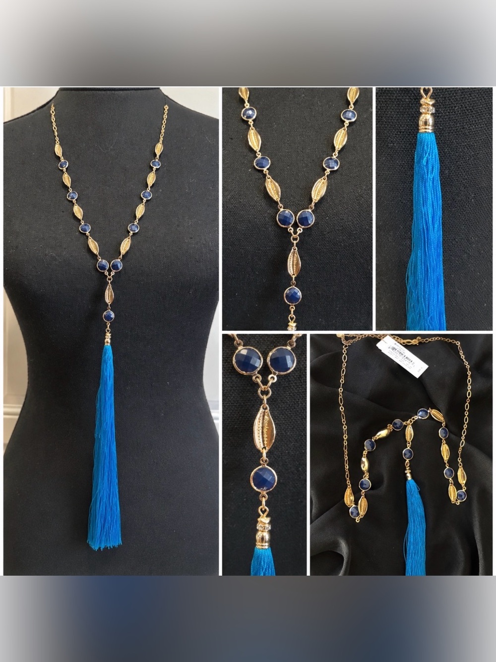 Lilly Pulitzer Goldtone Bead 19.5" Drop Blue Tassel Statement Necklace NEW $98